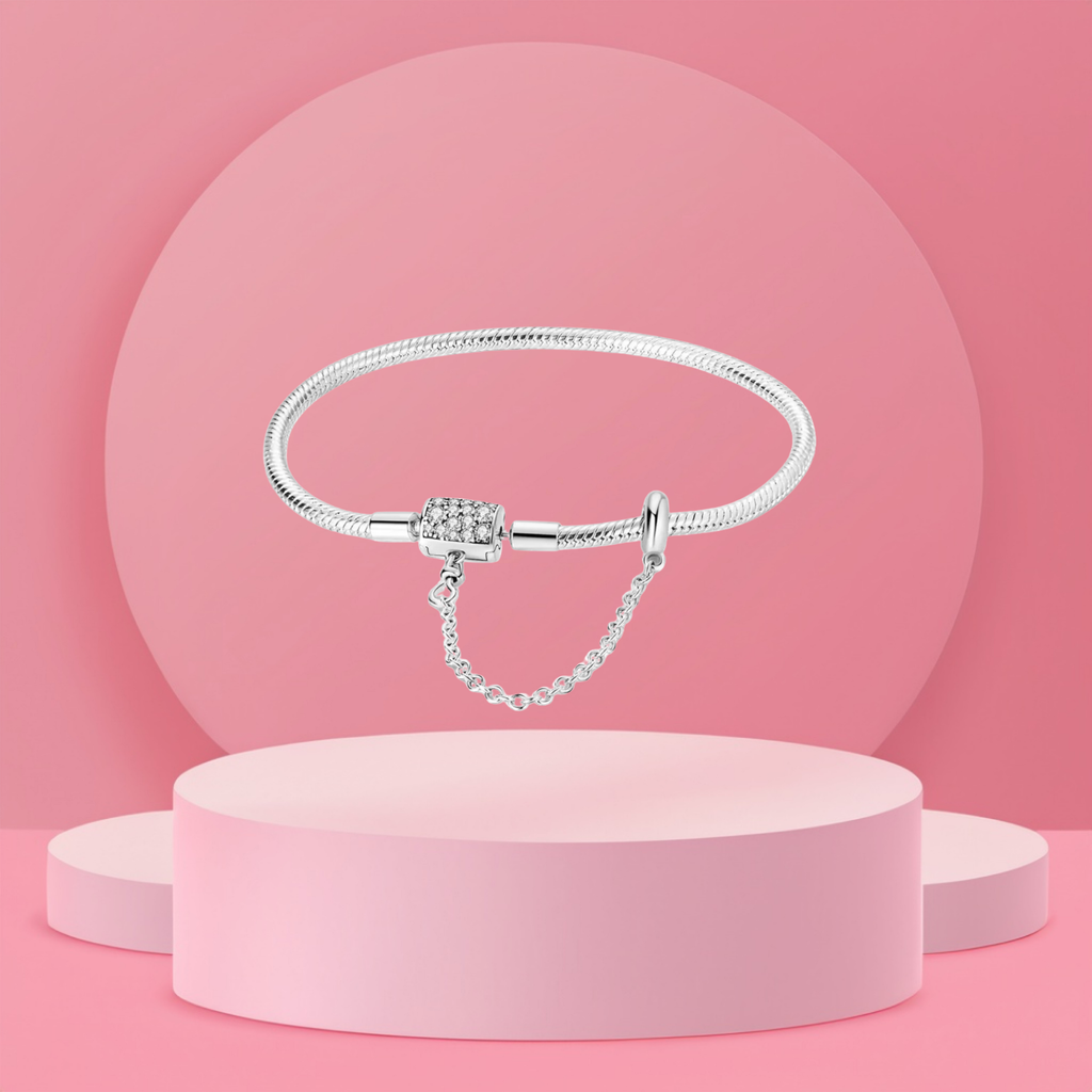 Pulsera Brillante con Cadena de Seguridad en Plata de Ley 925 - Vijuvera
