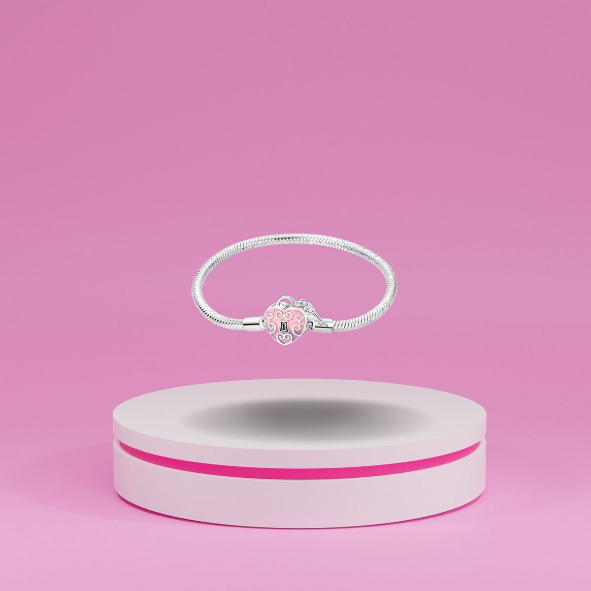 Pulsera Corazón Rosa y Llave en Plata de Ley 925 para Charms - Vijuvera