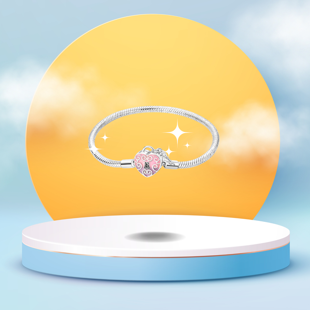 Pulsera Corazón Rosa y Llave en Plata de Ley 925 para Charms - Vijuvera