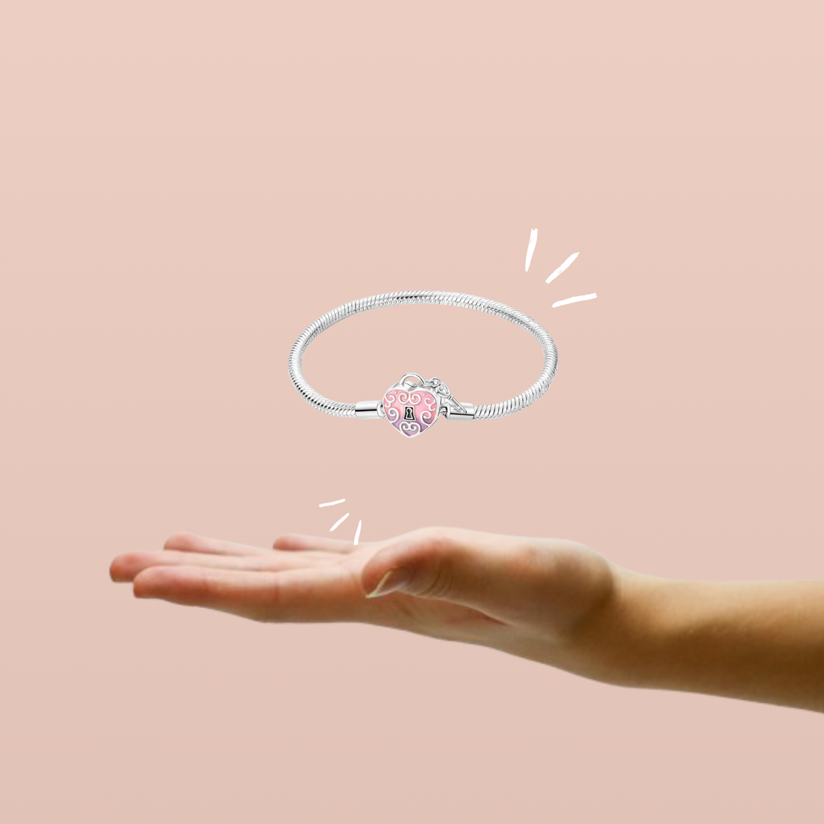 Pulsera Corazón Rosa y Llave en Plata de Ley 925 para Charms - Vijuvera