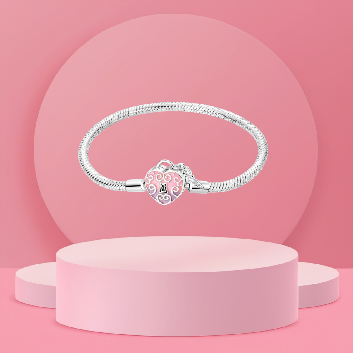 Pulsera Corazón Rosa y Llave en Plata de Ley 925 para Charms - Vijuvera