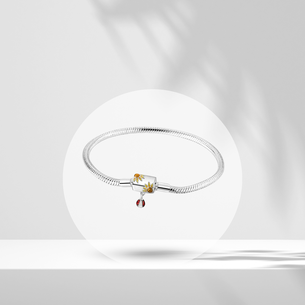 Pulsera Girasoles y Mariquita en Plata de Ley 925 para Charms - Vijuvera