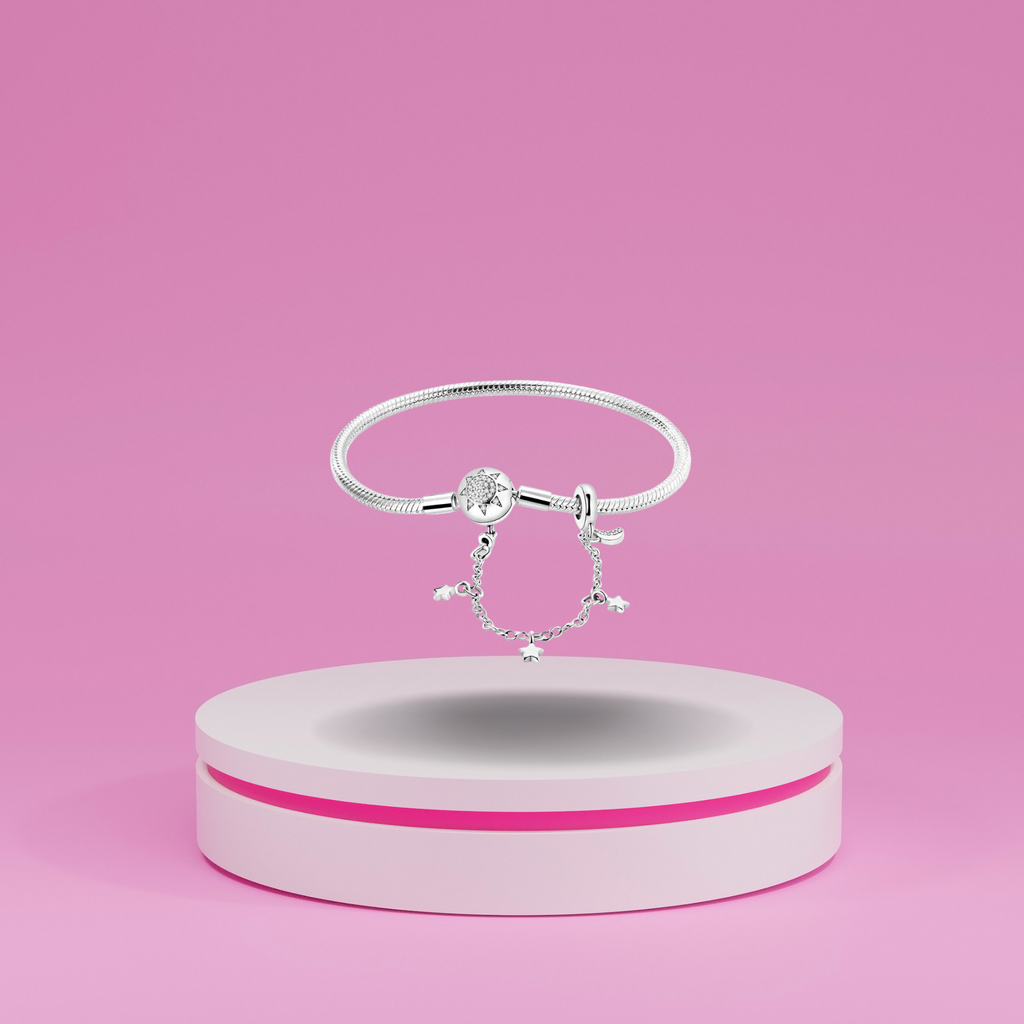 Pulsera Sol y Estrellas con Cadena de Seguridad en Plata de Ley 925 - Vijuvera