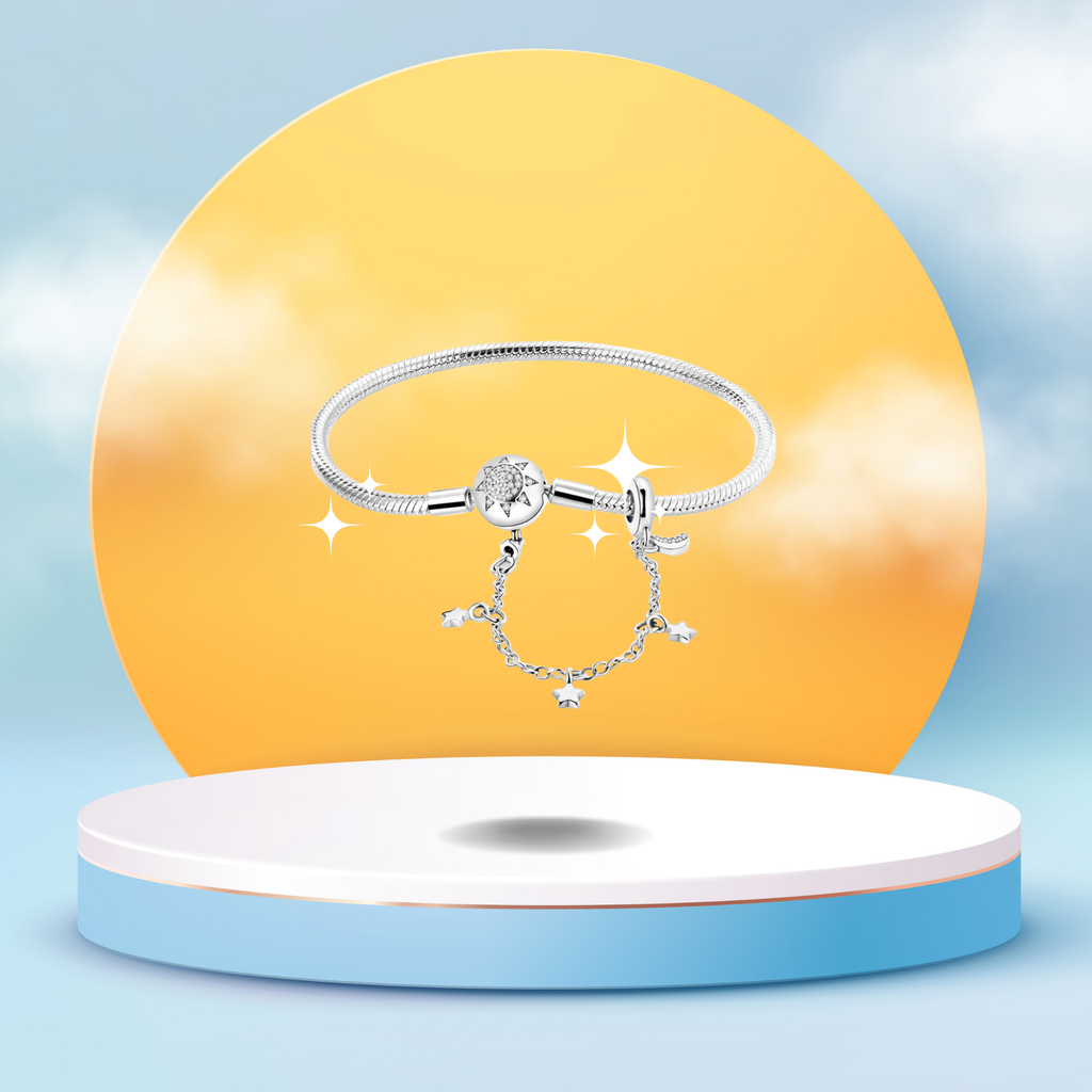 Pulsera Sol y Estrellas con Cadena de Seguridad en Plata de Ley 925 - Vijuvera