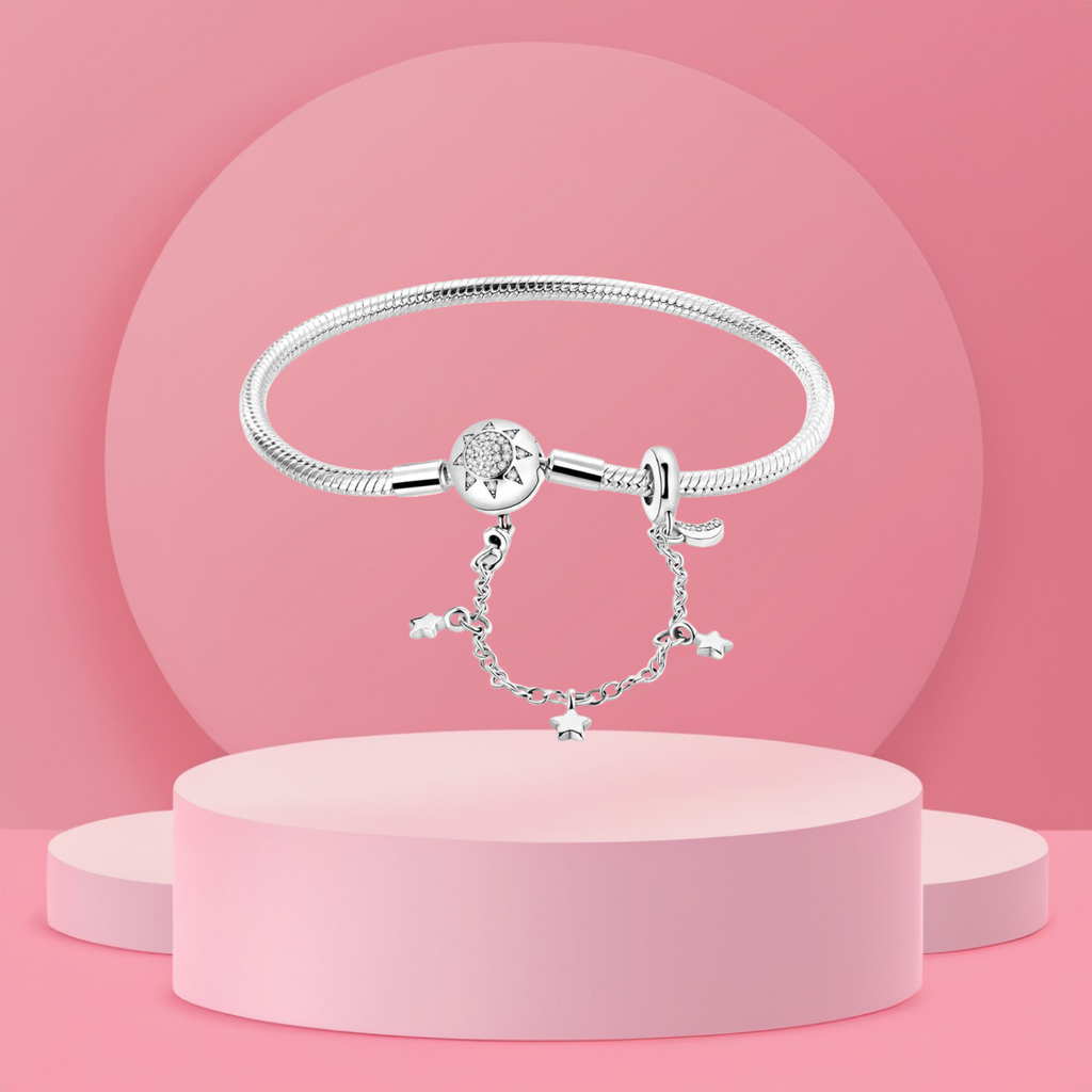 Pulsera Sol y Estrellas con Cadena de Seguridad en Plata de Ley 925 - Vijuvera