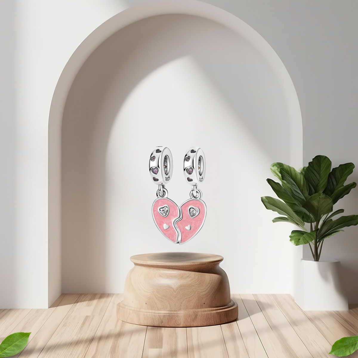 Set de 2 Charms Corazón Dividido Rosa en Plata de Ley 925 - Vijuvera